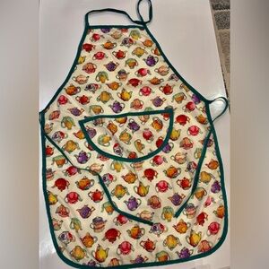 Vintage Inspired kitchen Apron with Colorful Teapot Patterns and Green Trims